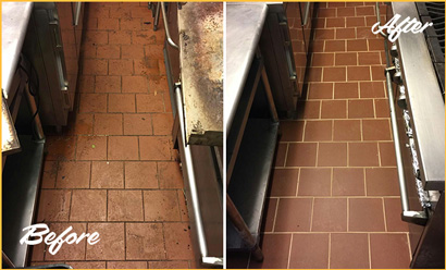 Picture of Restaurant Kitchen Quarry Tile with Embedded Grease Before and After Grout Cleaning