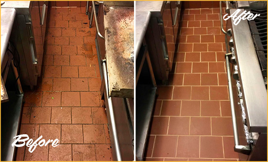 Before and After Picture of a Auburndale Restaurant Kitchen Tile and Grout Cleaned to Eliminate Dirt and Grease Build-Up