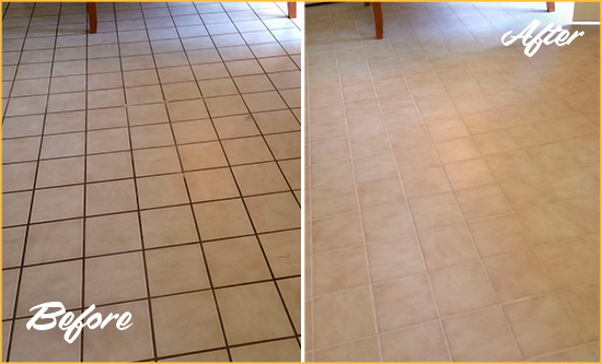 Before and After Picture of a Whitestone Kitchen Tile and Grout Cleaned to Remove Embedded Dirt