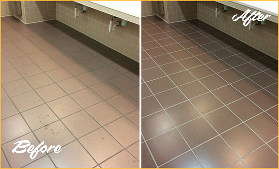 Before and After Picture of a Floral Park Restrooms Tile and Grout Cleaned to Remove Embedded Dirt