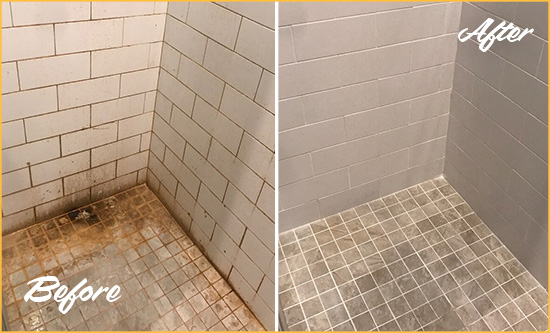 Before and After Picture of a Sunnyside Shower Tile and Grout Cleaned to Eliminate Mold and Stains