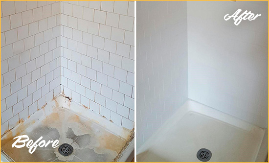 Before and After Picture of a Bayside Shower Tile and Grout Cleaned to Remove Soap Scum