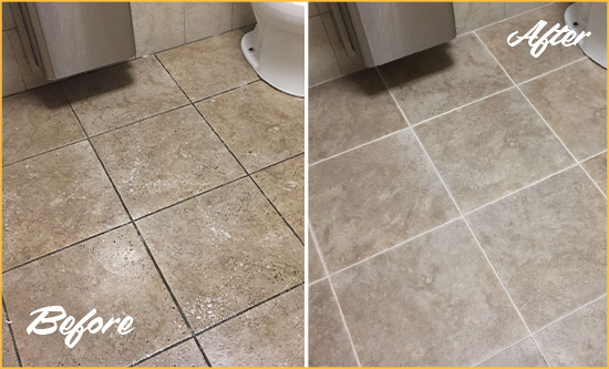 Before and After Picture of a Maspeth Restroom Tile and Grout Cleaned to Remove Soil