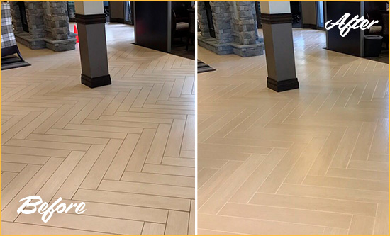 Before and After Picture of a Hamilton Beach Office Floor Tile and Grout Cleaned to Remove Stains