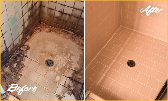 Before and After Picture of a College Point Shower Tile and Grout Cleaned to Repair Water Damage
