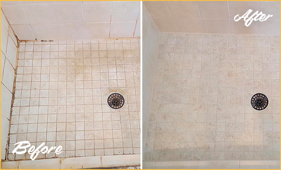 Before and After Picture of a Howard Beach Shower Caulked to Fix Cracks