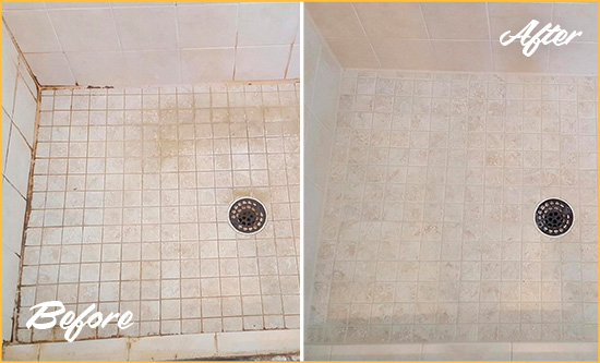 Before and After Picture of a Maspeth Shower Caulked to Fix Cracks