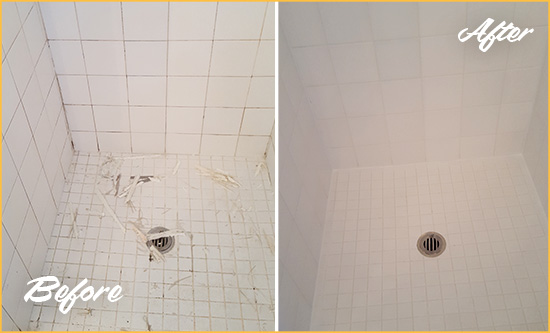 Before and After Picture of a Forest Hills Bathroom Re-Caulked To Repair Damaged Caulking