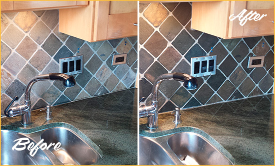 Before and After Picture of a Willets Point Backsplash Caulked to Fix and Prevent Water Leaks