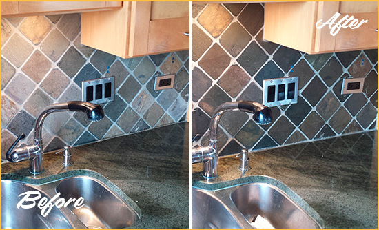 Before and After Picture of a Beechhurst Backsplash Caulked to Fix and Prevent Water Leaks