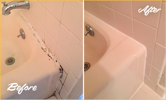 Before and After Picture of a Jackson Heights Bathroom Sink Caulked to Fix a DIY Proyect Gone Wrong