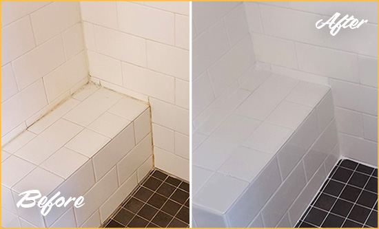 Before and After Picture of a Belle Harbor Shower Seat Caulked to Protect Against Mold and Mildew Growth