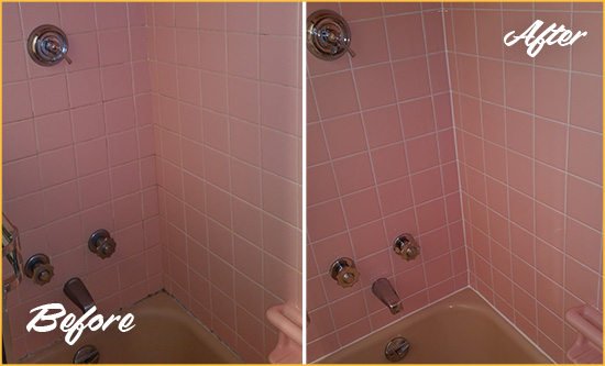 Before and After Picture of a College Point Bathtub Caulked to Eliminate Mold