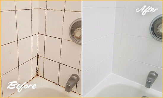 Before and After Picture of a Douglaston Tub Caulked to Remove and Avoid Mold