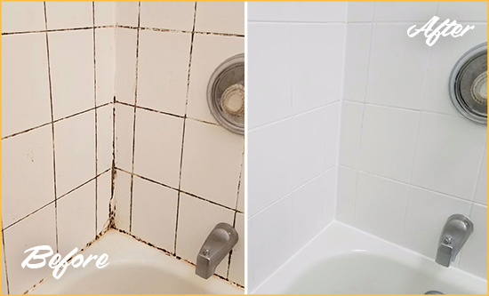 Before and After Picture of a Whitestone Tub Caulked to Remove and Avoid Mold