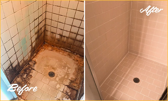 Before and After Picture of a Bayside Shower Caulked to Fix and Prevent Water Damage