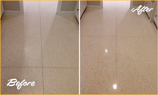 Before and After Picture of a Jamaica Estates Granite Stone Floor Polished to Repair Dullness