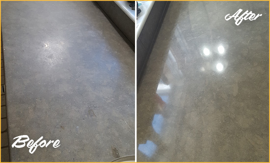 Before and After Picture of a Dull Little Neck Limestone Countertop Polished to Recover Its Color