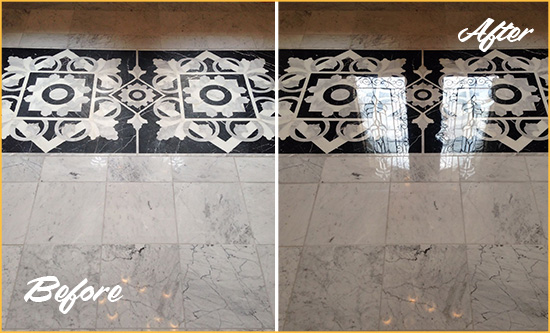 Before and After Picture of a Richmond Hill Marble Stone Floor Polished to a Mirror Shine