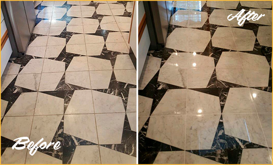 Before and After Picture of a Dull Queens Marble Stone Floor Polished To Recover Its Luster