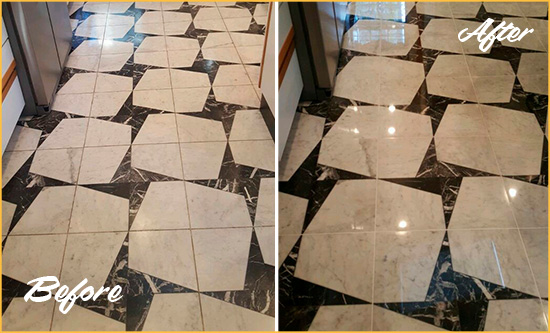 Before and After Picture of a Dull Douglaston Marble Stone Floor Polished To Recover Its Luster