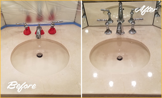 Before and After Picture of a Dull Elmhurst Marble Stone Vanity Top Polished to Bring-Back Its Sheen