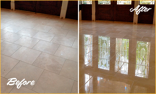 Before and After Picture of a Dull Ridgewood Travertine Stone Floor Polished to Recover Its Gloss