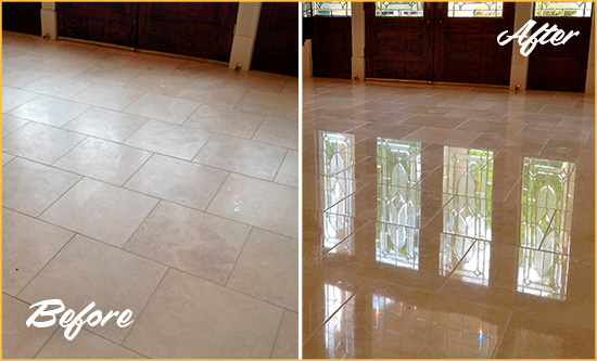 Before and After Picture of a Dull Jamaica Estates Travertine Stone Floor Polished to Recover Its Gloss