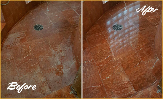 Before and After Picture of a Ozone Park Marble Stone Shower Polished to Eliminate Mineral Deposits