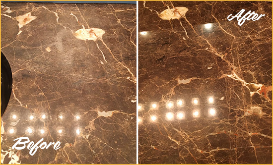 Before and After Picture of a Rockaway Park Marble Stone Countertop Polished to Eliminate Stains