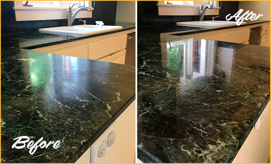 Before and After Picture of a Ridgewood Marble Stone Counter Polished to Eliminate Water Marks