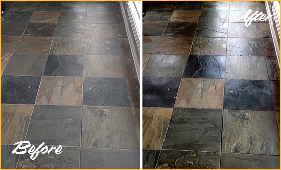 Before and After Picture of a Dull Glen Oaks Slate Floor Sealed to Bring Back Its Colors