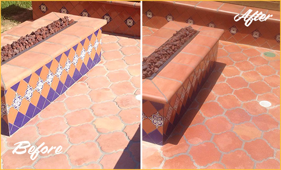 Before and After Picture of a Dull Queens Terracotta Patio Floor Sealed For UV Protection