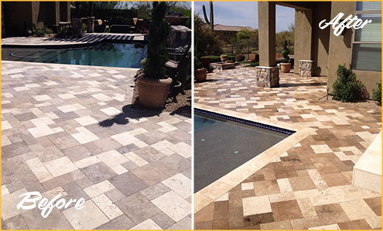 Before and After Picture of a Faded College Point Travertine Pool Deck Sealed For Extra Protection