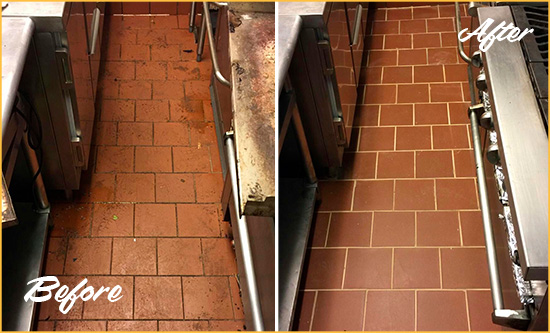 Before and After Picture of a Breezy Point Restaurant Kitchen Floor Sealed to Remove Soil