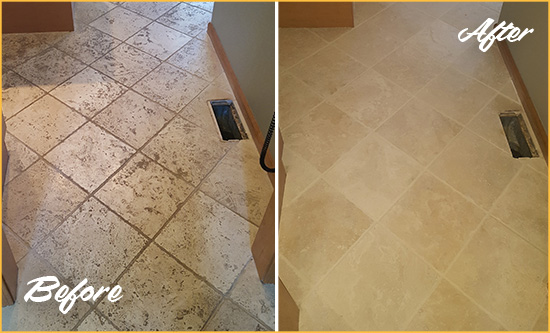 Before and After Picture of a Whitestone Kitchen Marble Floor Cleaned to Remove Embedded Dirt