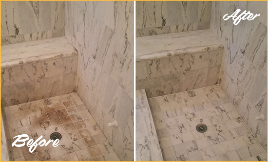 Before and After Picture of a Dirty Utopia Marble Shower Cleaned to Eliminate Dark Stains