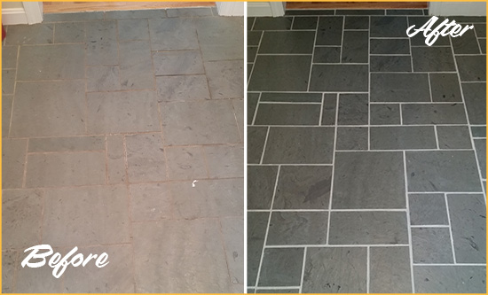 Before and After Picture of a Astoria Slate Floor Cleaned to Remove Deep-Seated Dirt