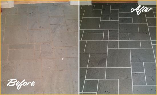 Before and After Picture of a Jackson Heights Slate Floor Cleaned to Remove Deep-Seated Dirt