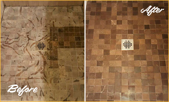 Before and After Picture of a Stained Fresh Meadows Marble Shower Floor Cleaned to Remove Etching