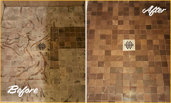 Before and After Picture of a Stained Willets Point Marble Shower Floor Cleaned to Remove Etching