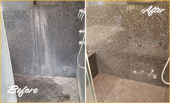 Before and After Picture of a Fresh Meadows Granite Shower Cleaned to Remove Mineral Deposits