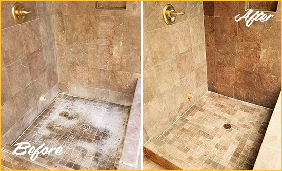 Before and After Picture of a Kew Gardens Travertine Shower Cleaned to Eliminate Water Spots