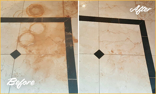 Before and After Picture of a Utopia Marble Floor Cleaned to Eliminate Rust Stains