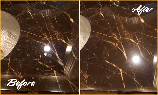 Before and After Picture of a Ridgewood Marble Countertop Cleaned to Remove Water Spots