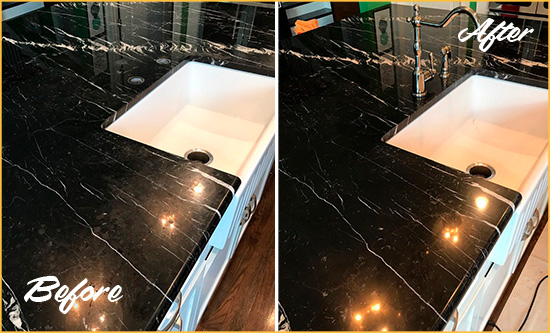 Before and After Picture of a Jamaica Estates Marble Kitchen Countertop Stone Sealed to Avoid Water Damage