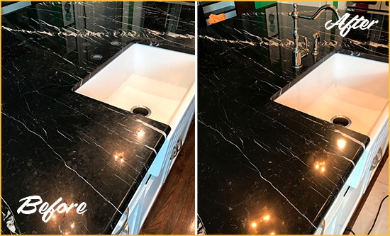 Before and After Picture of a Jackson Heights Marble Kitchen Countertop Stone Sealed to Avoid Water Damage