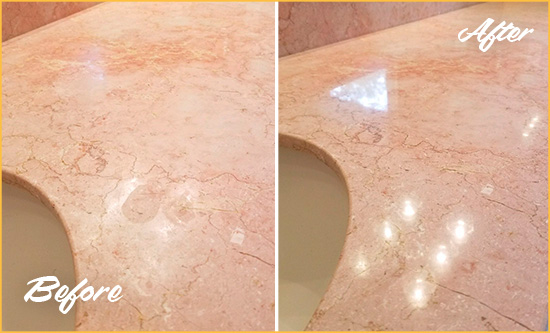 Before and After Picture of a Willets Point Marble Stone Vanity Top Sealed to Avoid Water Marks