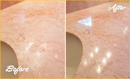 Before and After Picture of a Whitestone Marble Stone Vanity Top Sealed to Avoid Water Marks