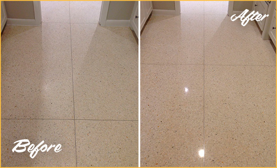 Before and After Picture of a Dull Bellerose Granite Floor Honed to Recover Its Sheen